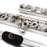 Miyazawa Custom 402 Flute #105108 - Sterling silver tubing, offset G, split E mechanism, C# trill key, D# roller, B footjoint, sterling silver Mancke headjoint with grenadilla lip plate and 14K gold riser