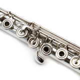 Miyazawa Custom 402 Flute #105108 - Sterling silver tubing, offset G, split E mechanism, C# trill key, D# roller, B footjoint, sterling silver Mancke headjoint with grenadilla lip plate and 14K gold riser
